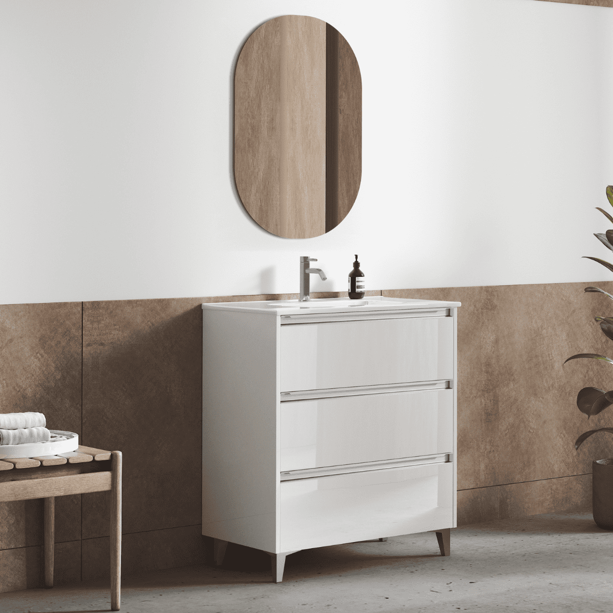 Móvel de casa de banho lavatório | 3 gavetas | cabo cromado branco de 80 cm