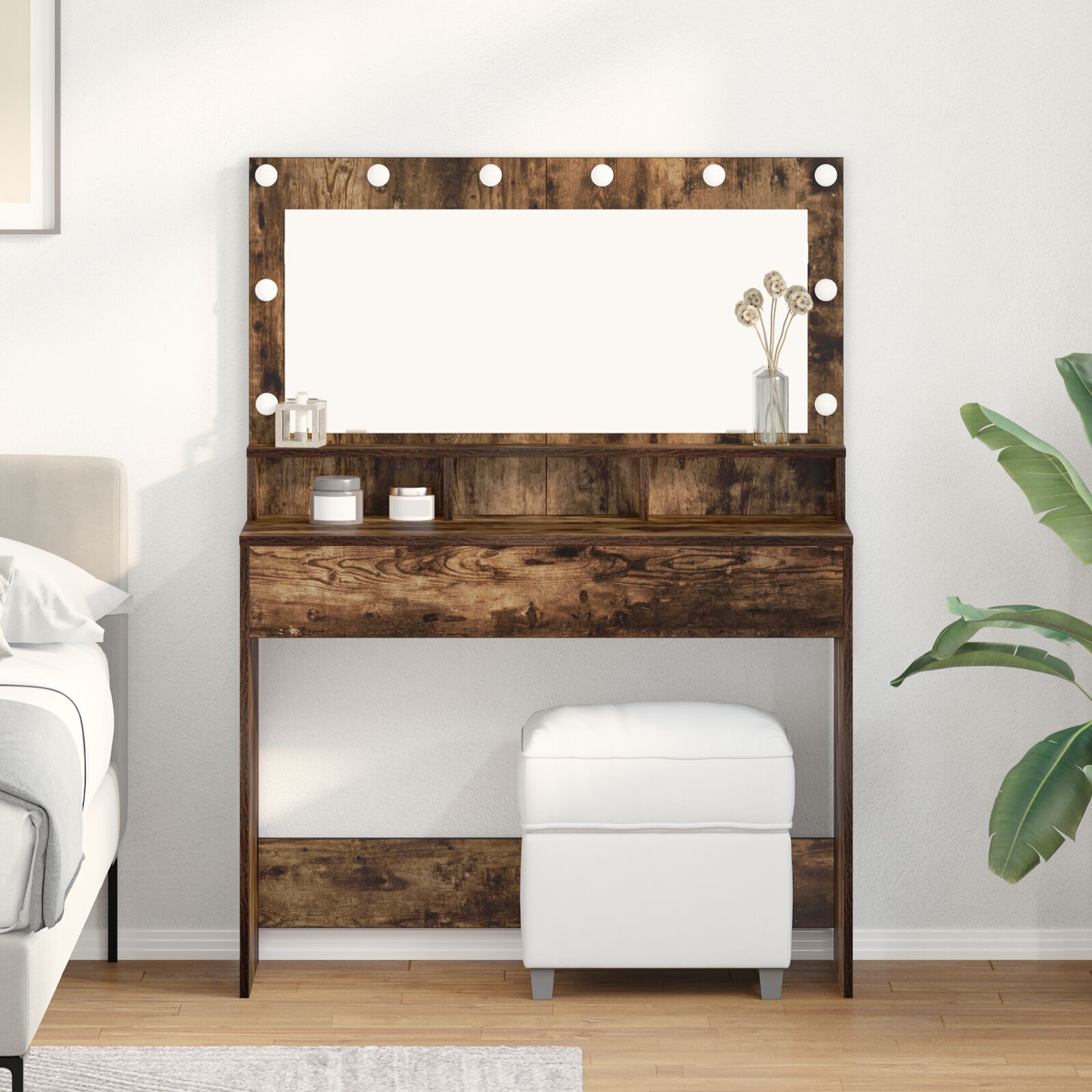 Mesa de maquiagem com luzes LED em carvalho fumado 100x41x135 cm wf251360