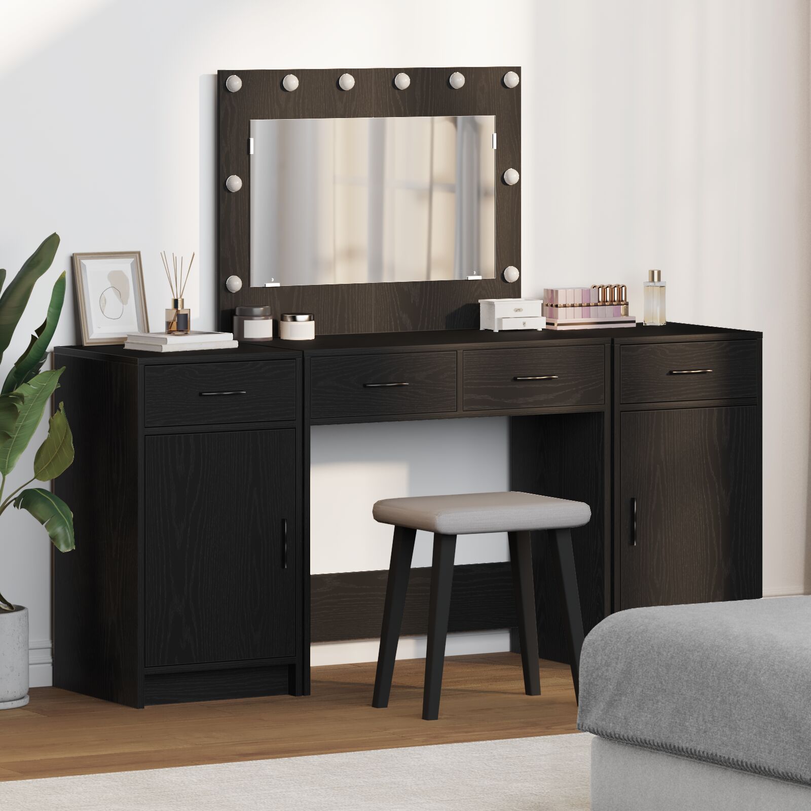 Conjunto de maquiagem de 3 pçs com LED preto em madeira sintética wf589490