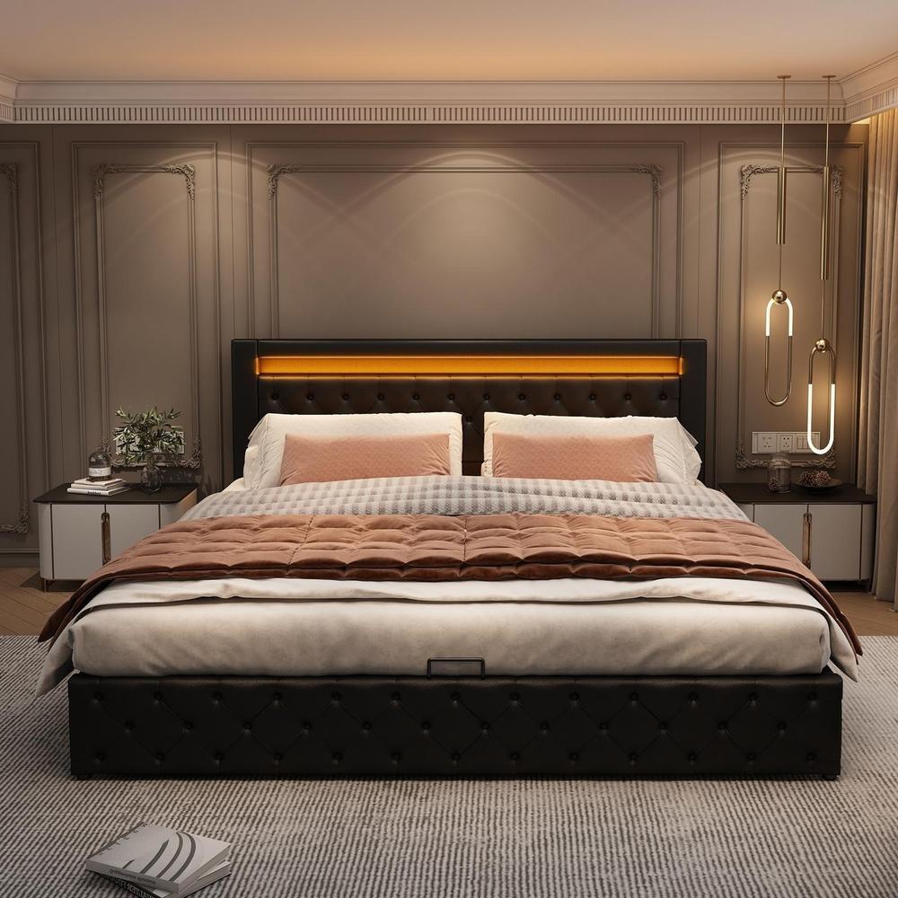 Cama 140x190cm com baú hidráulico, LED e estrado de ripas, preta