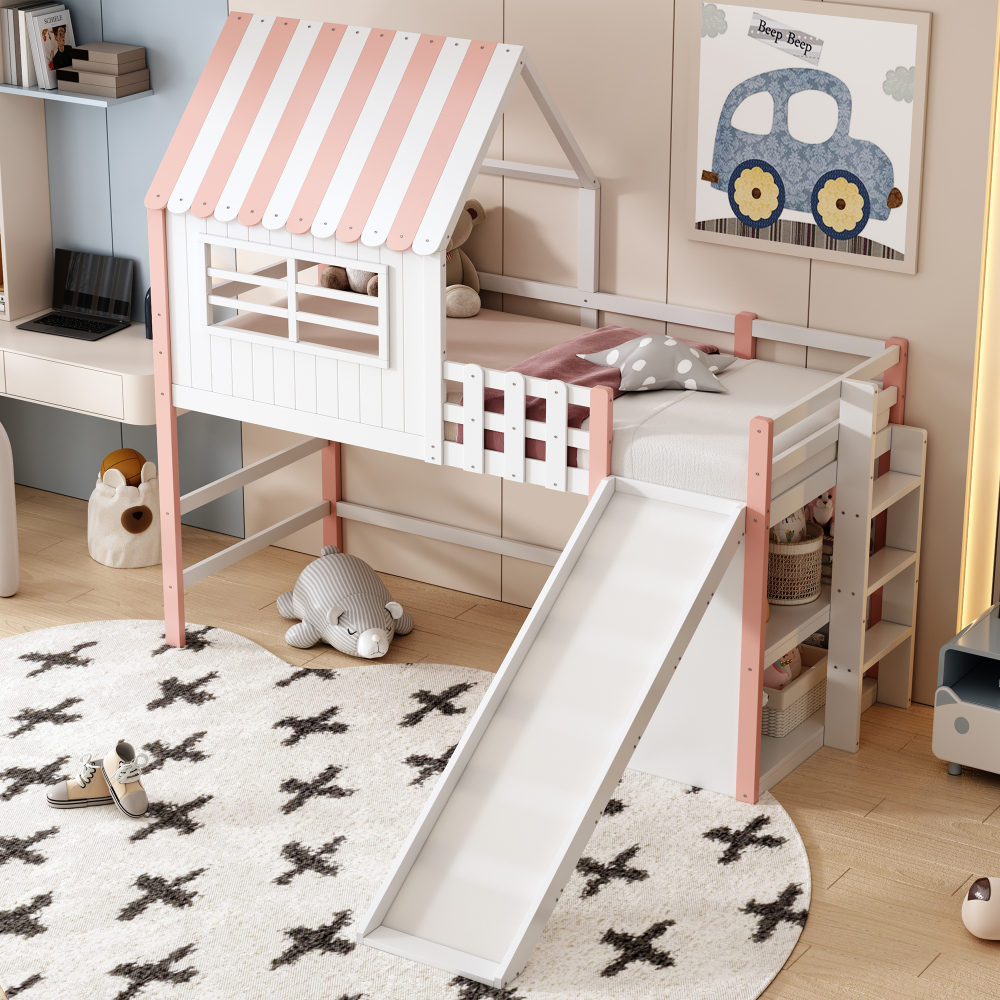 Cama infantil 90x200cm com escorrega e arrumação madeira – rosa