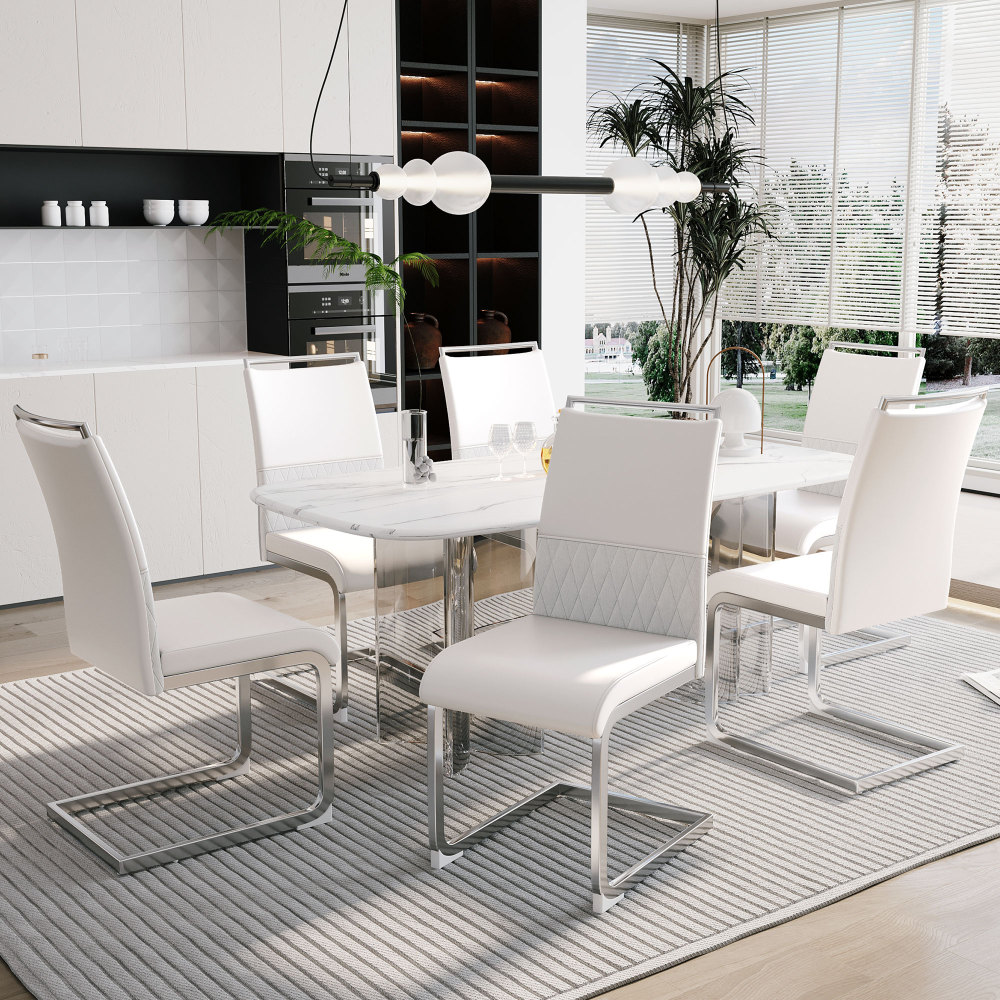 Cadeira de jantar em metal branco com encosto alto e assento acolchoado