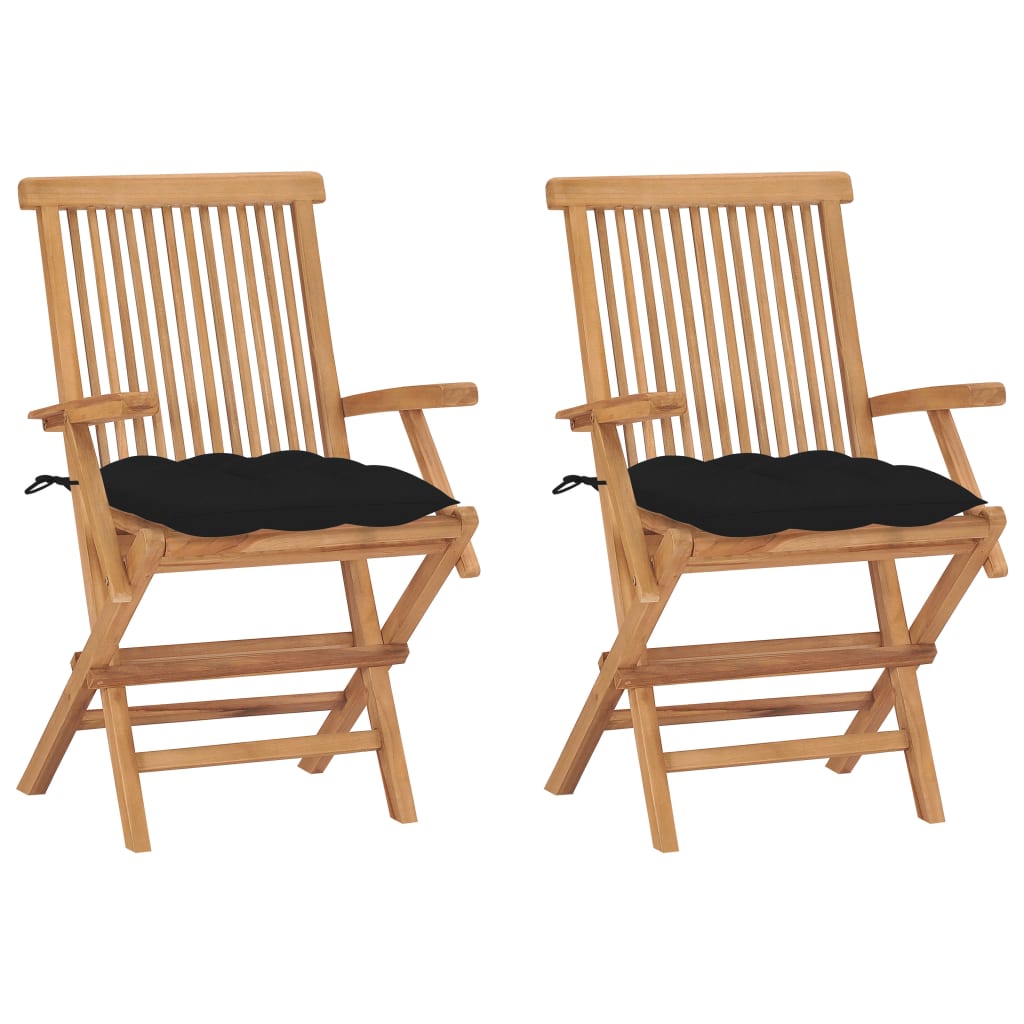 vidaXL sillas de jardín 2 uds madera maciza de teca con cojines negros