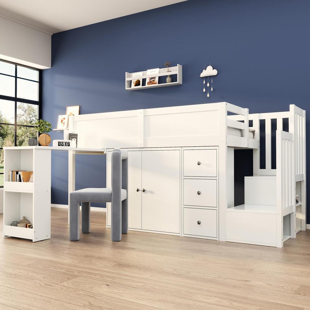 Cama alta 90x200cm com secretária, roupeiro, gavetas e escada, branca