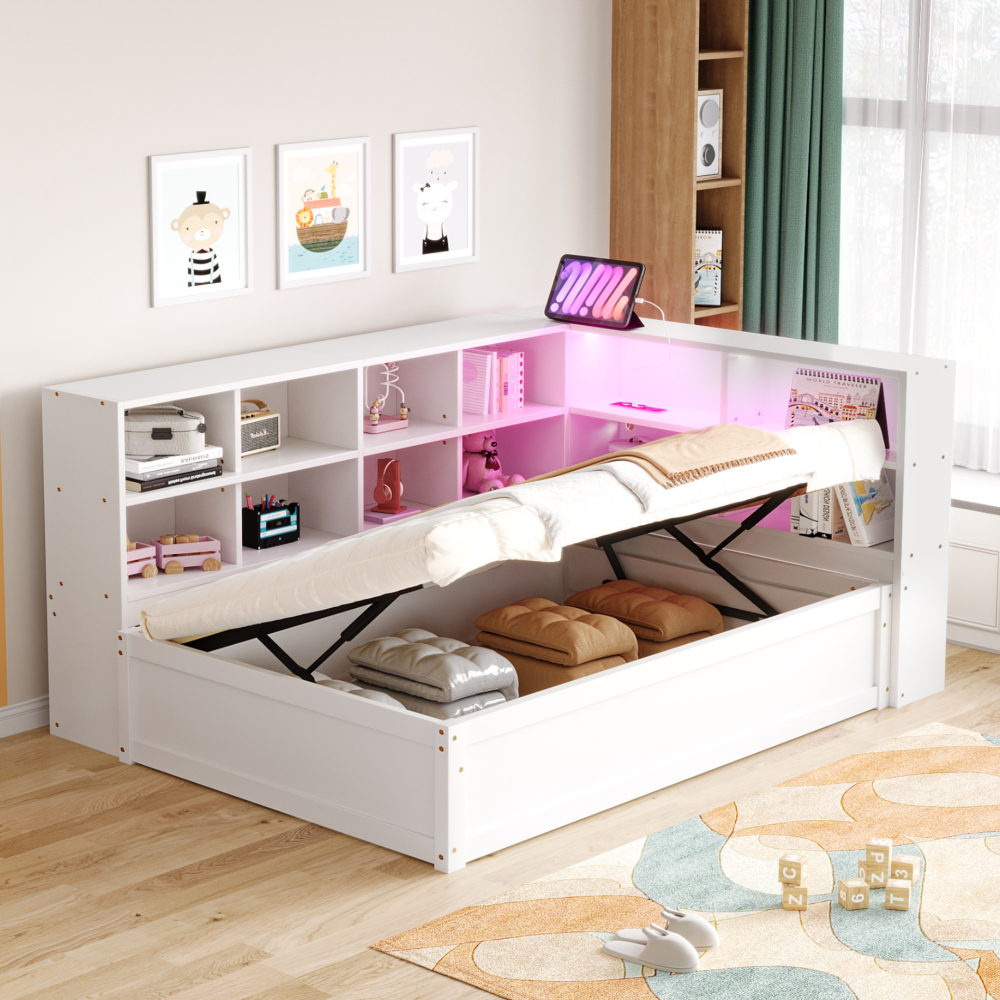 Sofá cama individual 90x200 cm com LED e arrumação madeira – branco