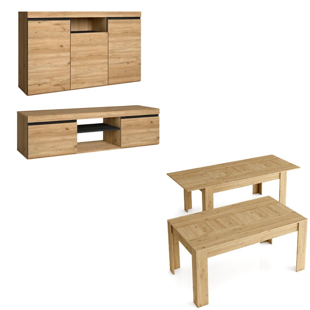 Conjunto naturale buffet-móvel tv140cm-mesa extensível carvalho/preto