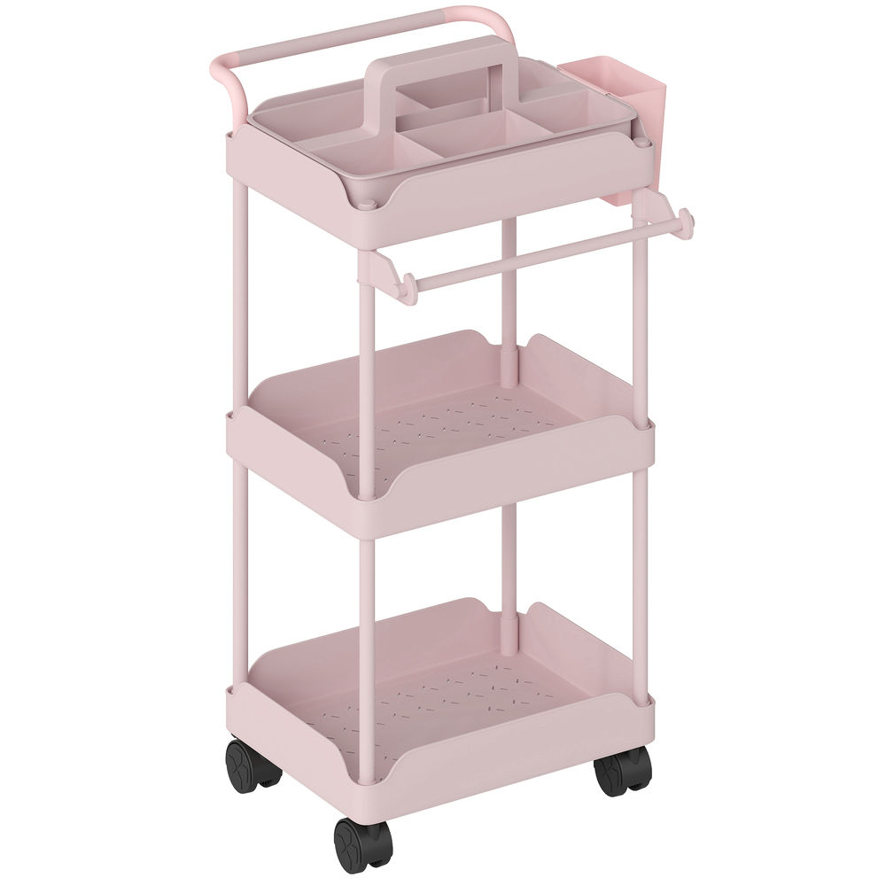 Carrinho auxiliar com roda 42x42,5x76 cm metal e plástico color rosa Homcom