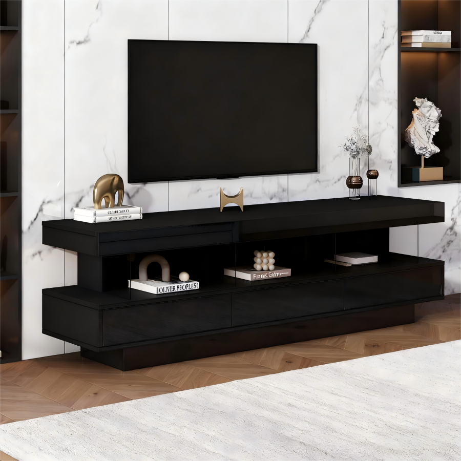 Móvel de tv com LED e 3 prateleiras vidro preto 50,5x160x38cm