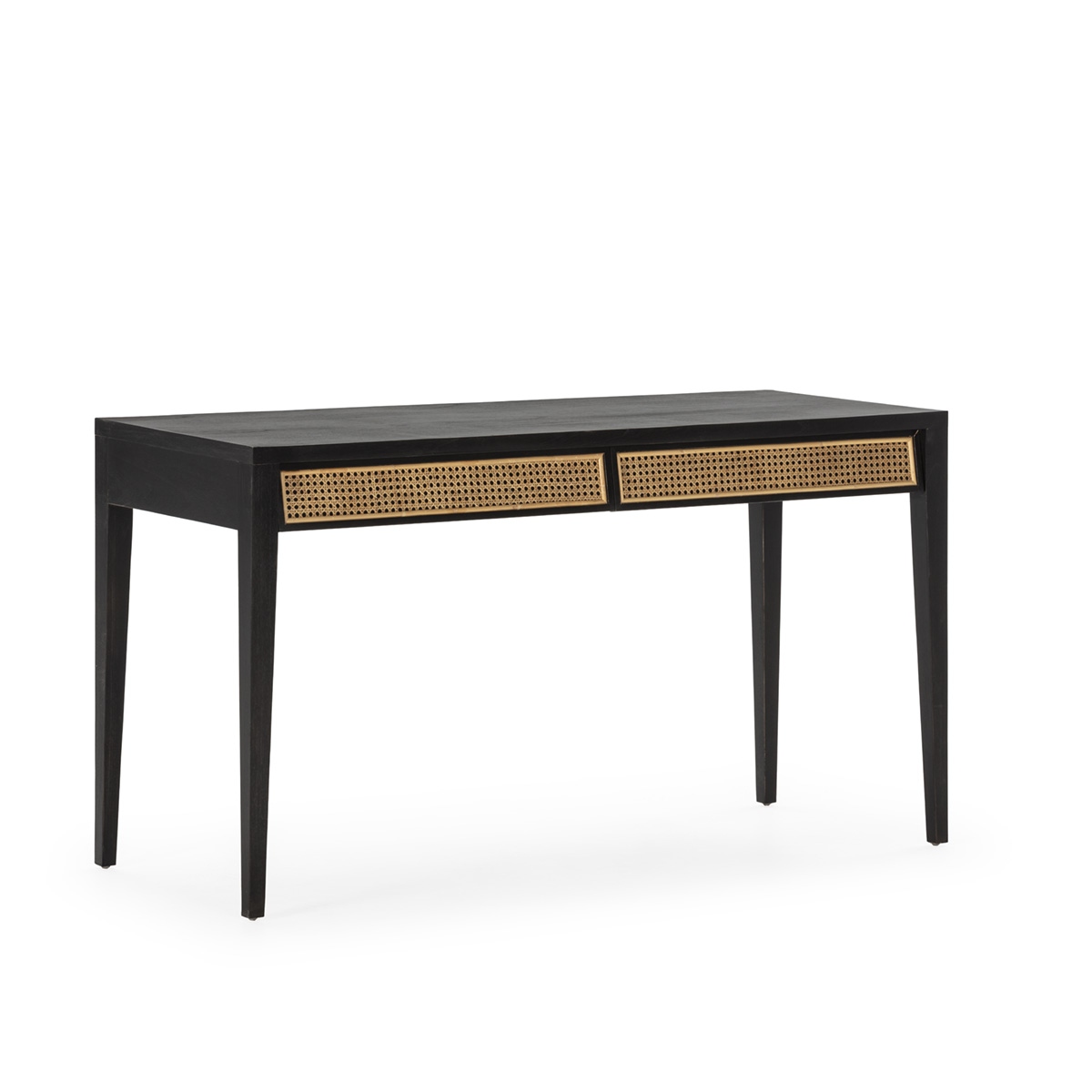 Mesa 140x55x80 em madeira preta com detalhes em rattan natural.
