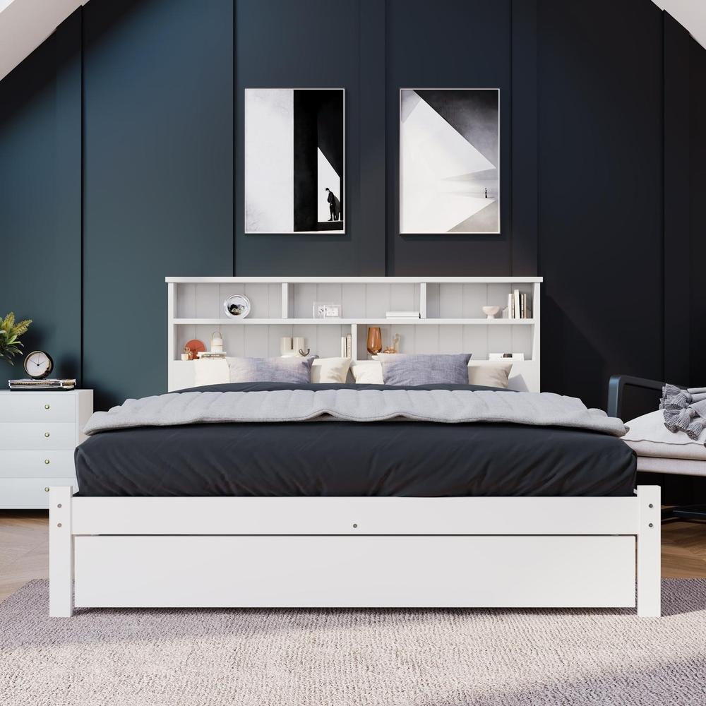 Cama com gavetas e cabeceira estante 140x200cm madeira maciça branca