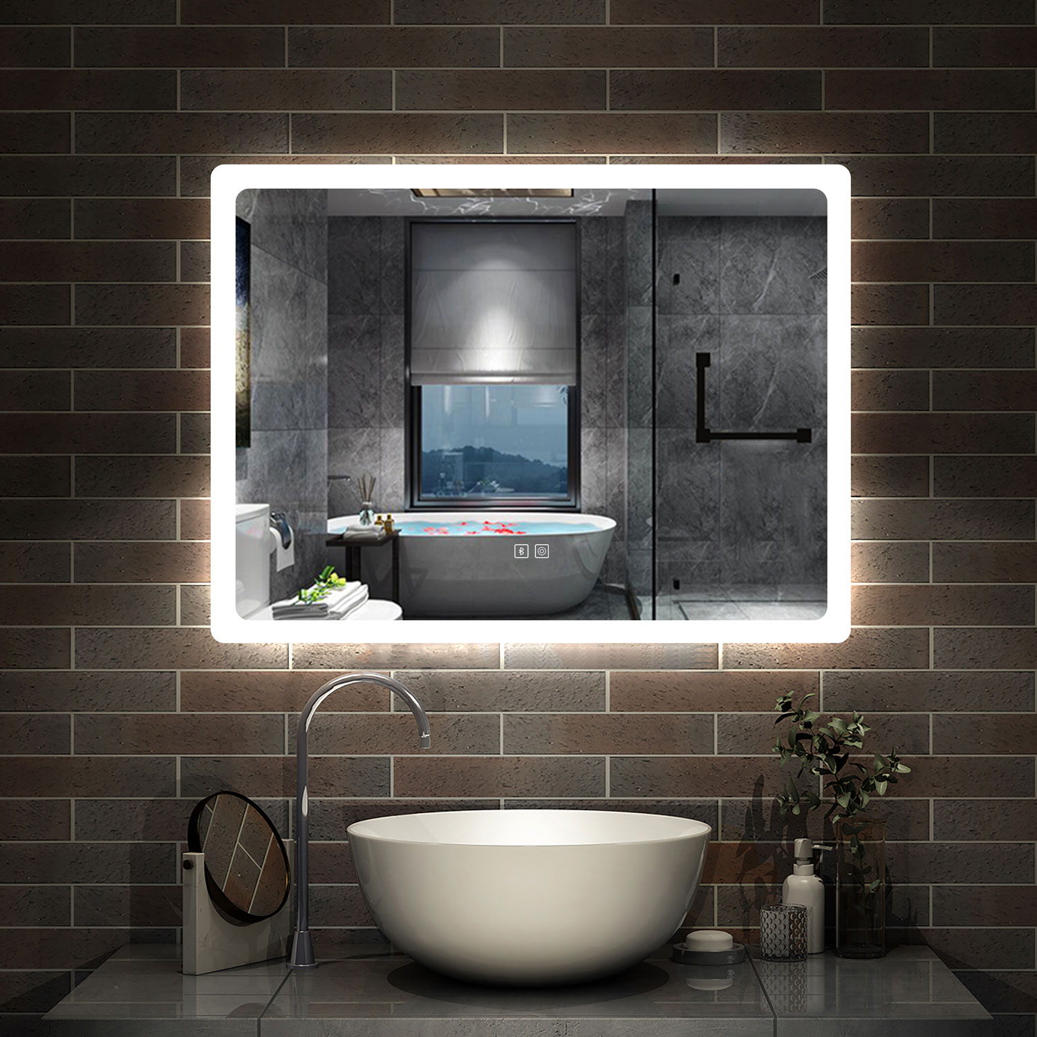 Espelho de casa de banho LED 80×60cm + bluetooth + anti-embaciamento