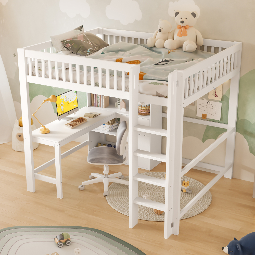 Cama alta 140x200cm com secretária e arrumação madeira de pinho branco