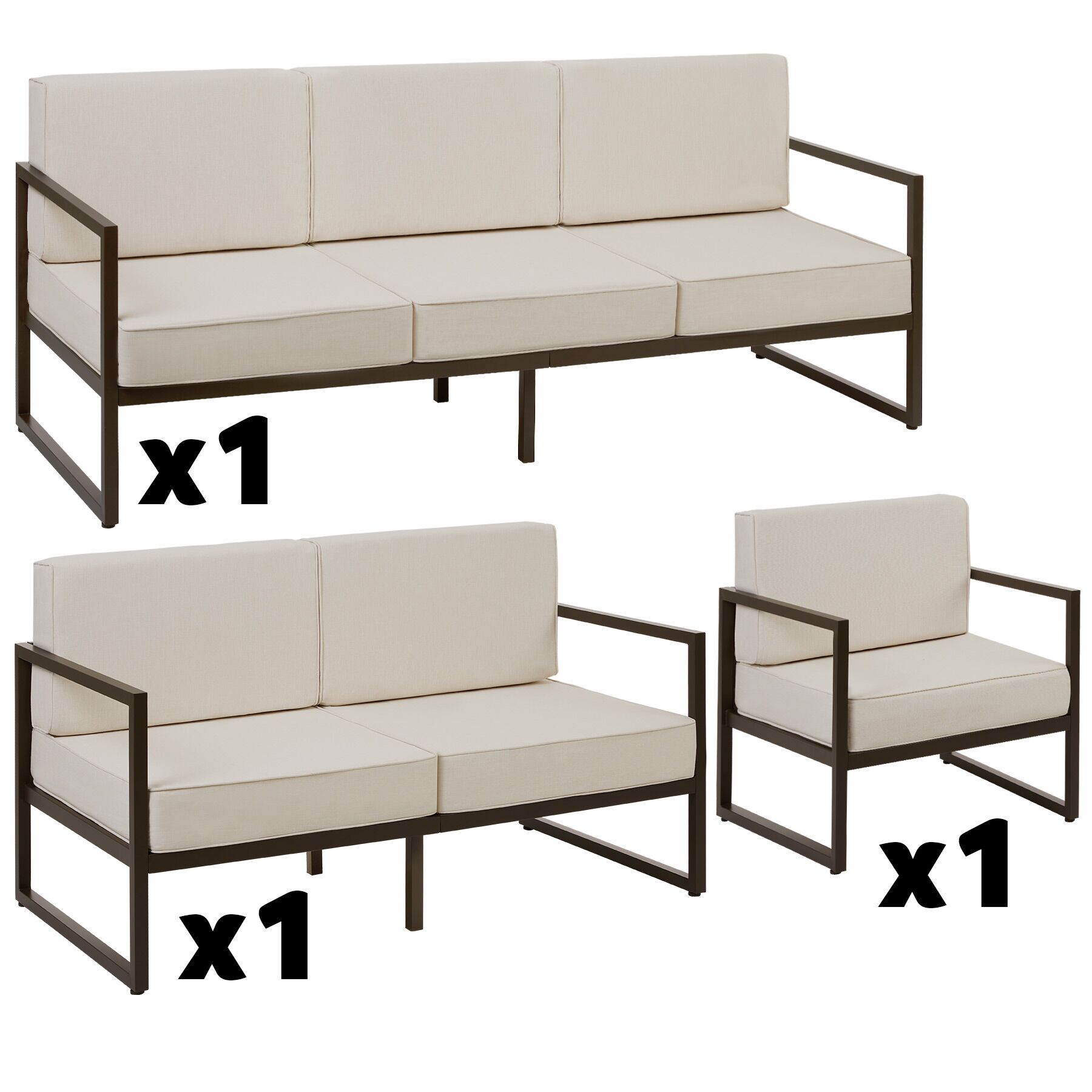 Set de salón de jardín, 6 pessoas, 2 sofás, 1 poltrona, acolchoado xxl