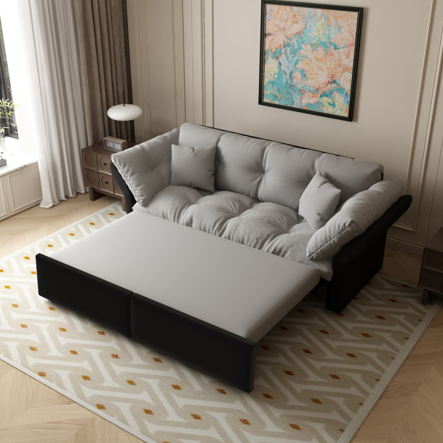 Sofá-cama conversível 3 em 1 em veludo cinzento claro com 2 almofadas