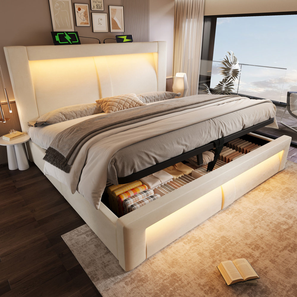 Cama de casal 180x200cm com arrumação e LED veludo – bege