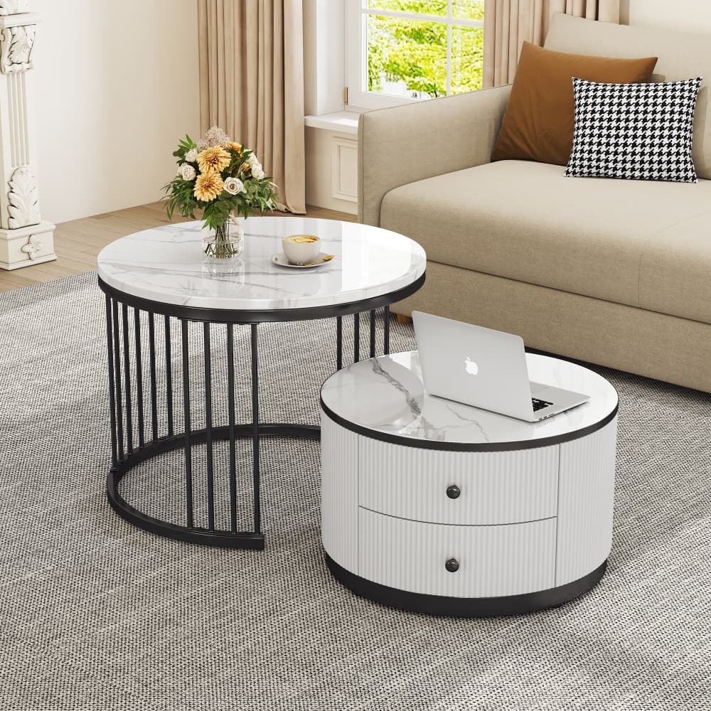 Mesa de centro redonda 2 peças branco e preto com 2 gavetas 60x60x45,5cm