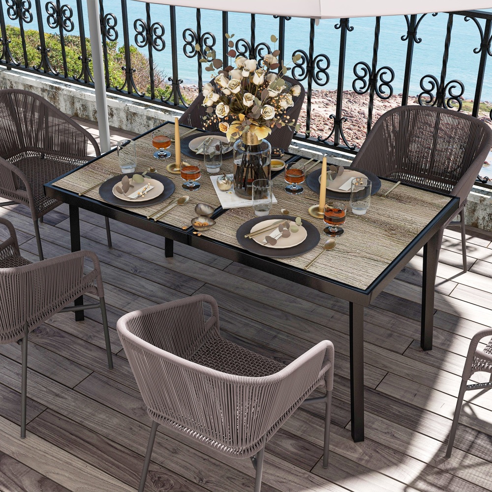 Mesa de jardim – 6 lugares – 145x85cm – aço – cinzento – efeito madeira