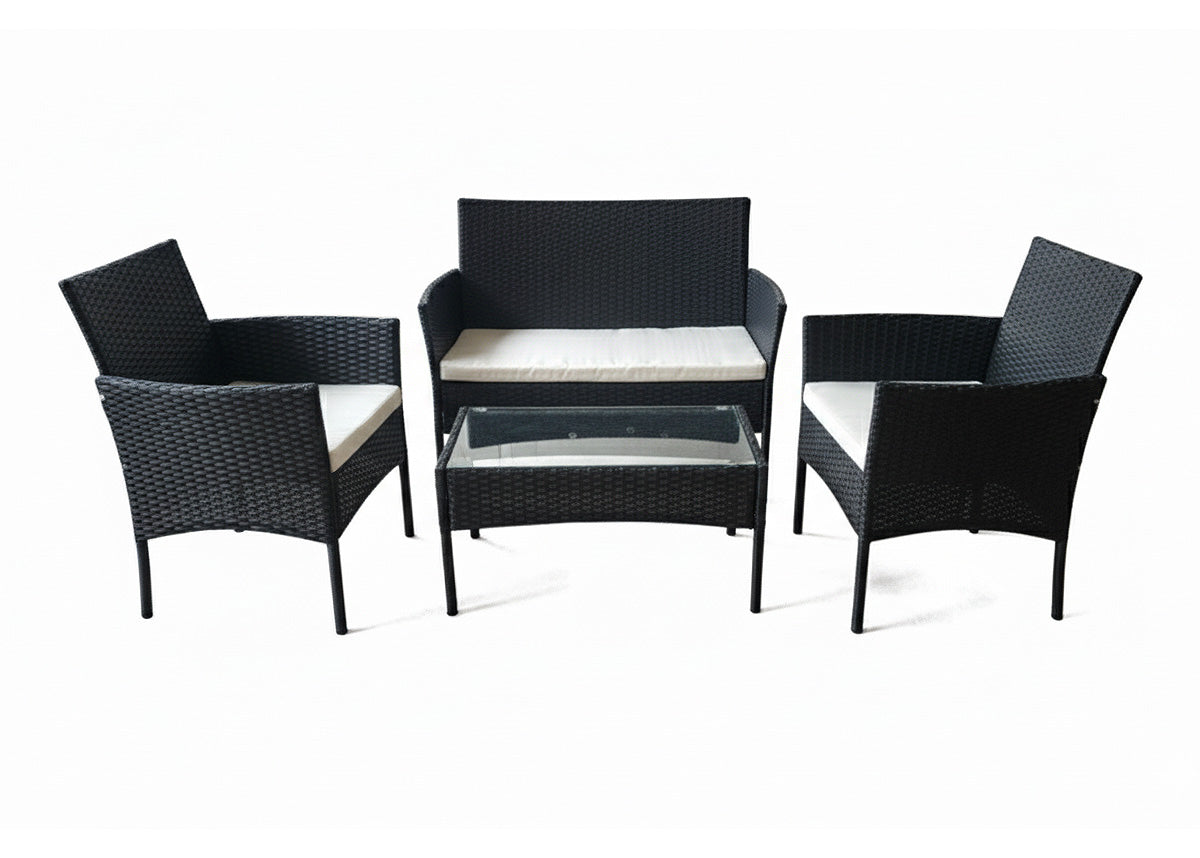 Conjunto de sofá, mesa e 2 cadeiras em rattan pe. Mobiliário para jardim e