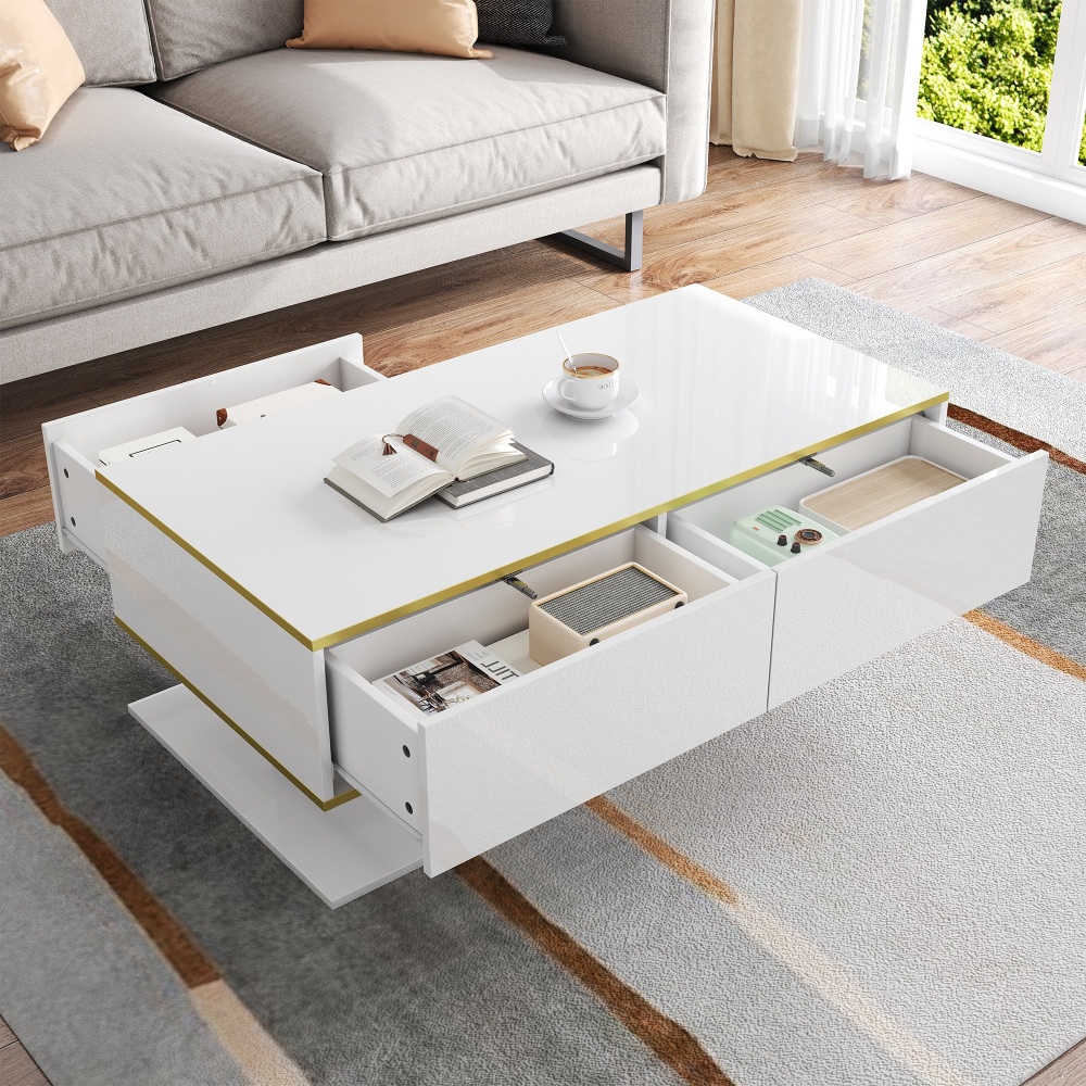 Mesa de centro com LED 3 gavetas branco e dourado 40x100x50cm