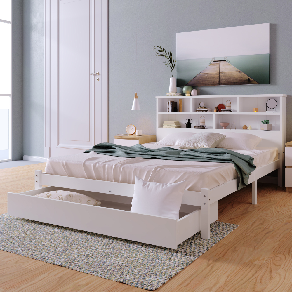 Cama de casal 140x200cm com arrumação estilo estante madeira sem colchão