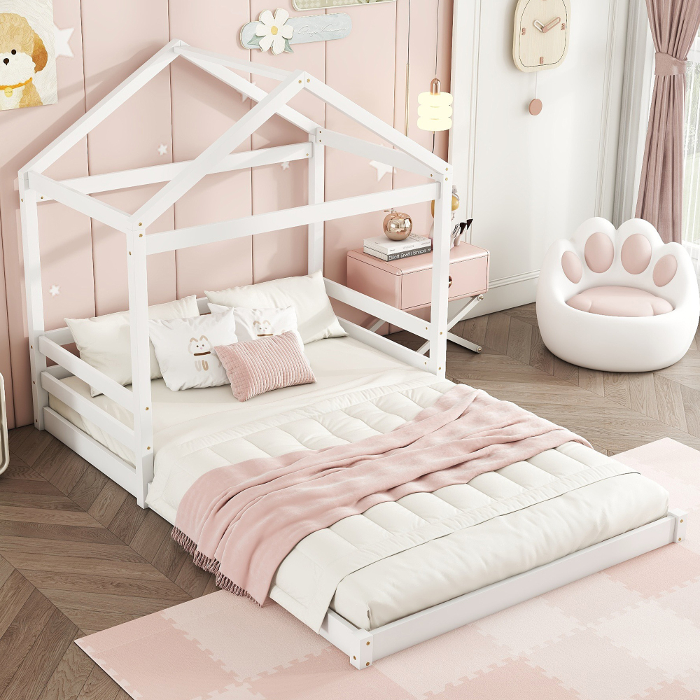Cama casinha 140x200cm com estrutura em pinho e mdf branco