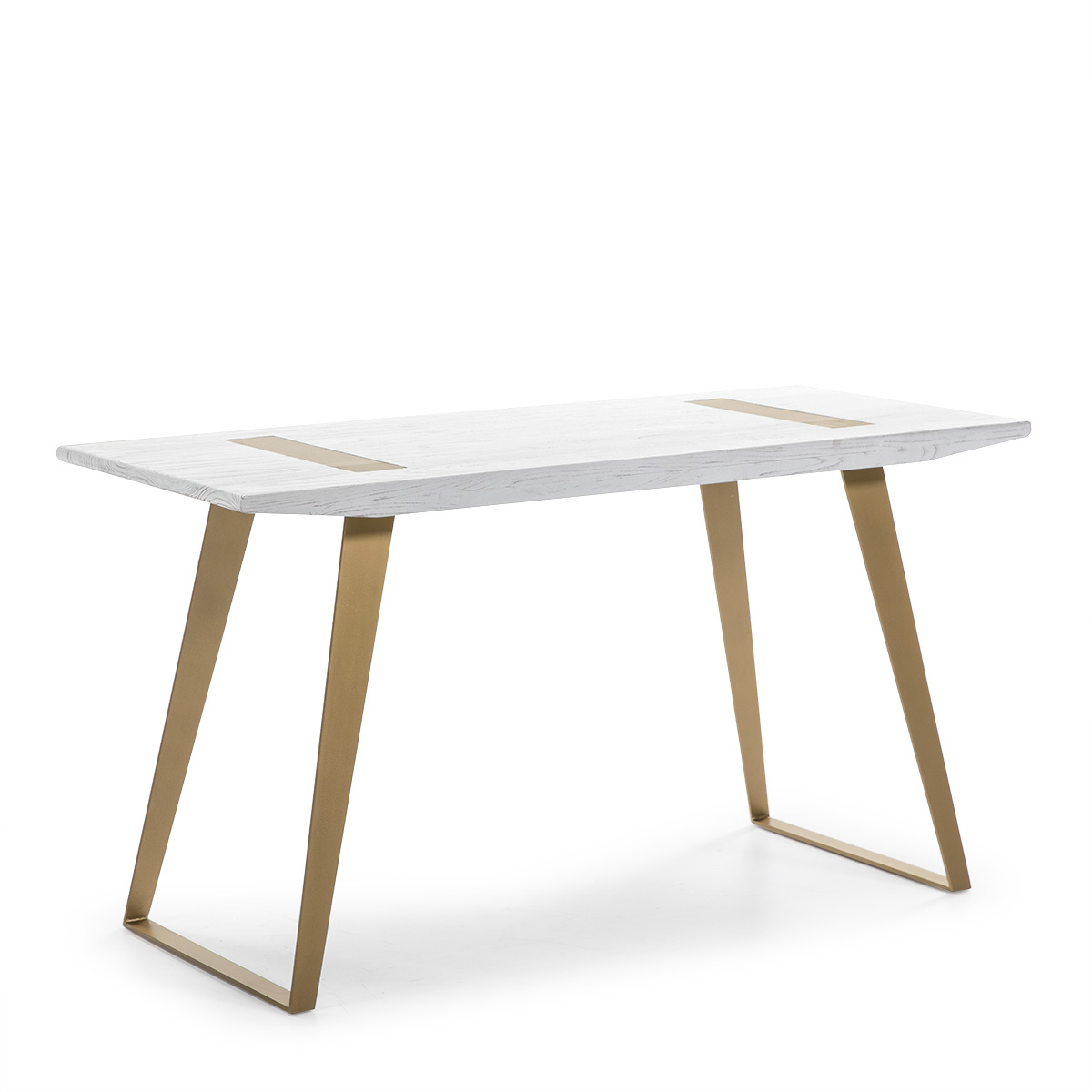 Mesa de 140x60x75 cm em madeira branca com detalhes em metal dourado.
