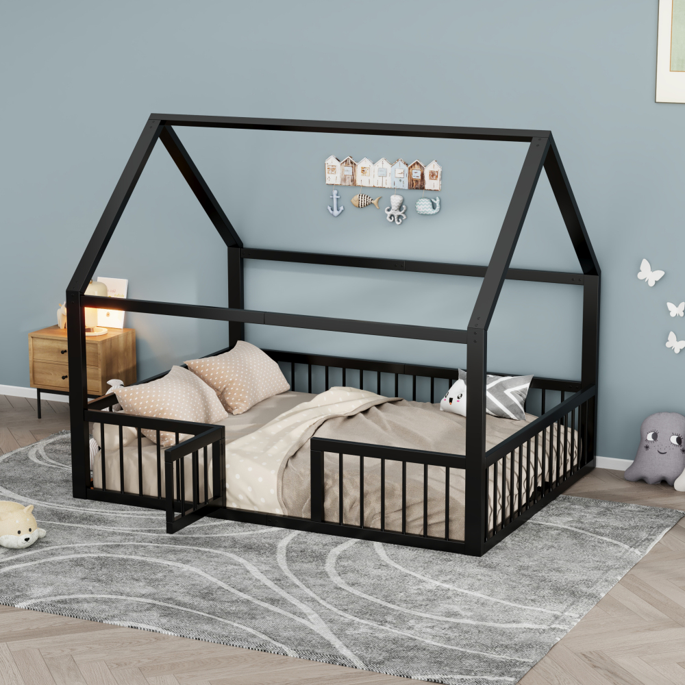 Cama infantil 140x200 cm com grade e design de casa em metal – cor preto