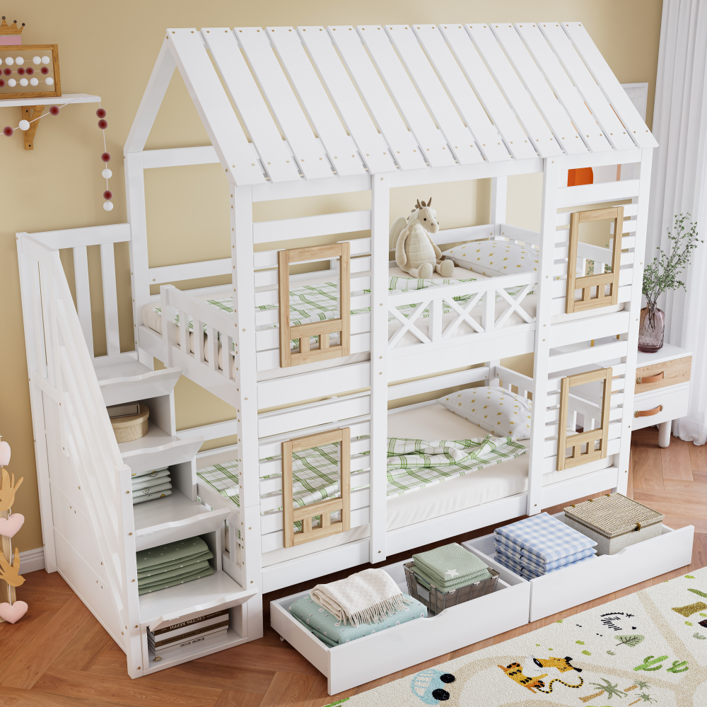 Beliche infantil 90x200cm com janelas e arrumação madeira – branco natural