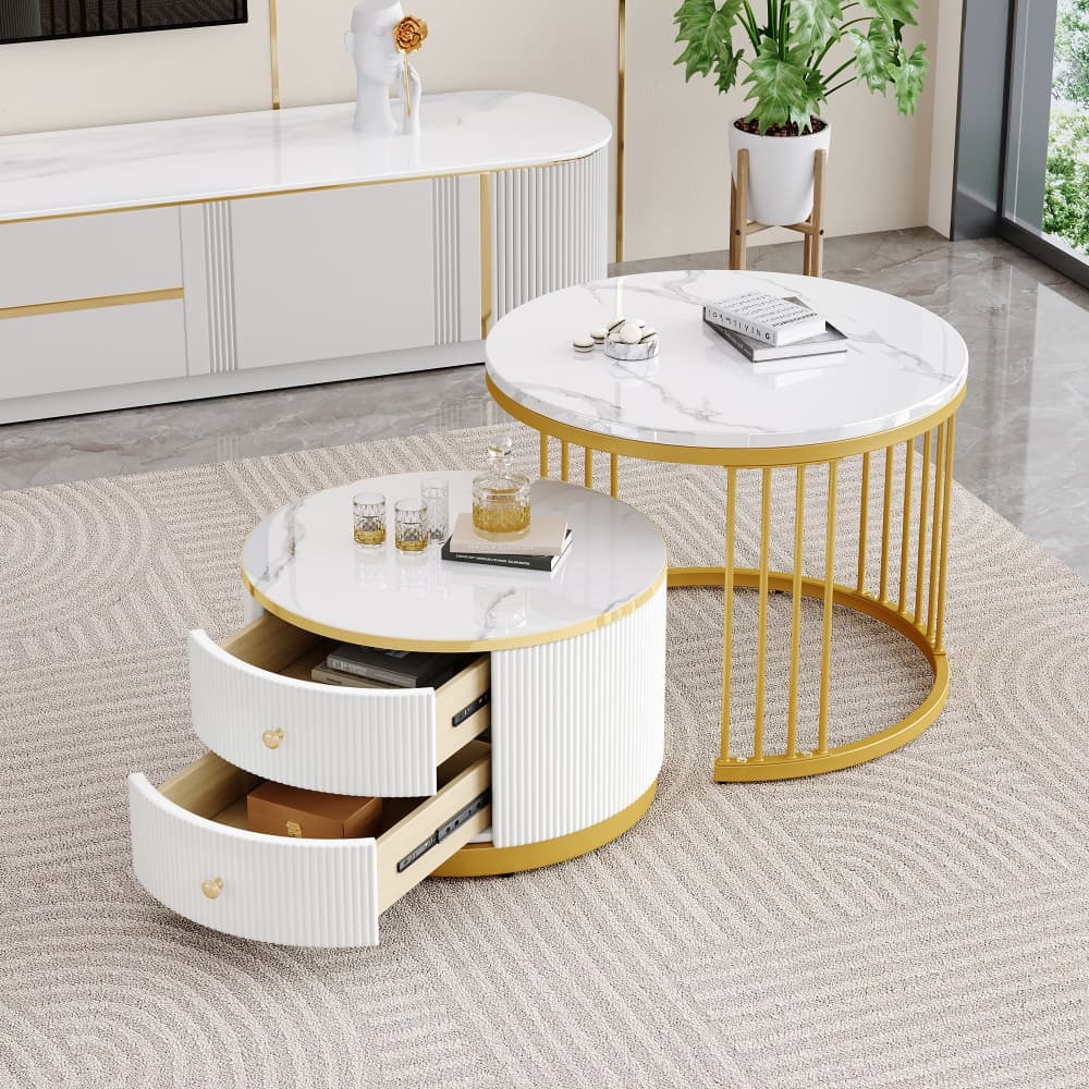 Conjunto mesa de centro redonda com 2 gavetas branco 60x60x45,5cm