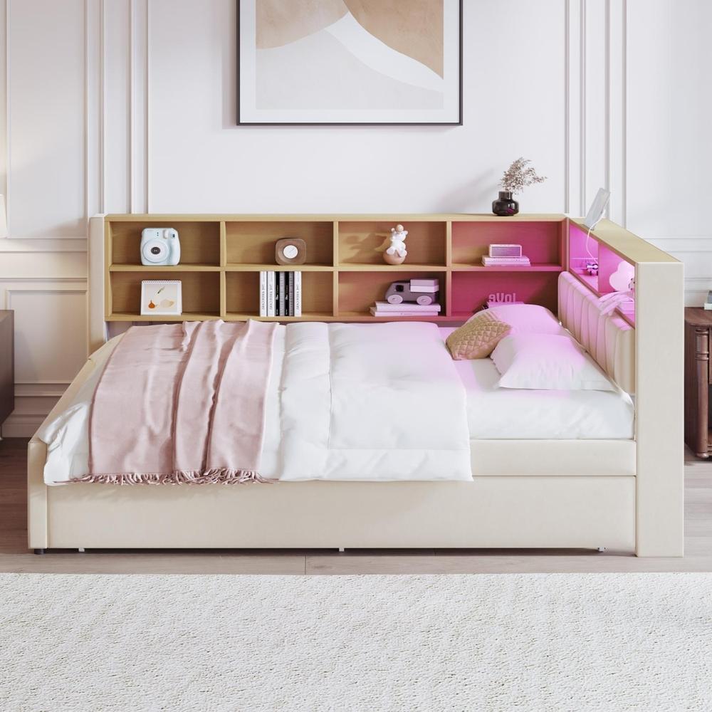 Sofá-cama 140x200cm com cama extensível 90x190cm, LED, tomadas, bege