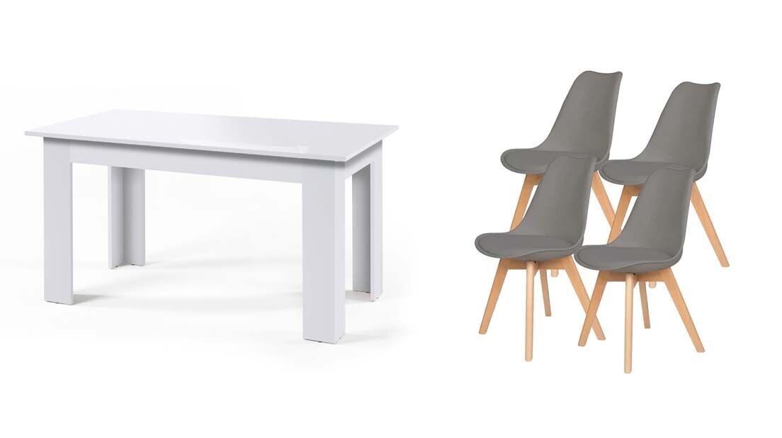 Conjunto mesa de jantar ou cozinha branco + 4 cadeiras nórdicas cinza