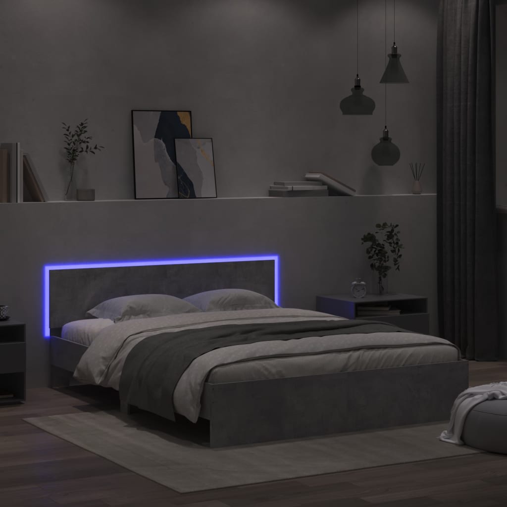 Estrutura cama cabeceira e luzes LED 160x200cm cinzento cimento pt5239