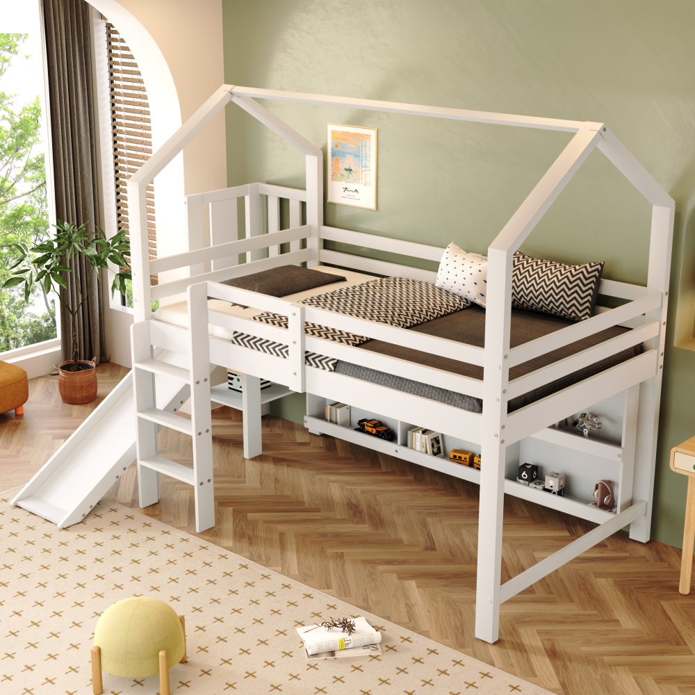 Cama infantil 90x200cm com escorrega e arrumação madeira e mdf branco
