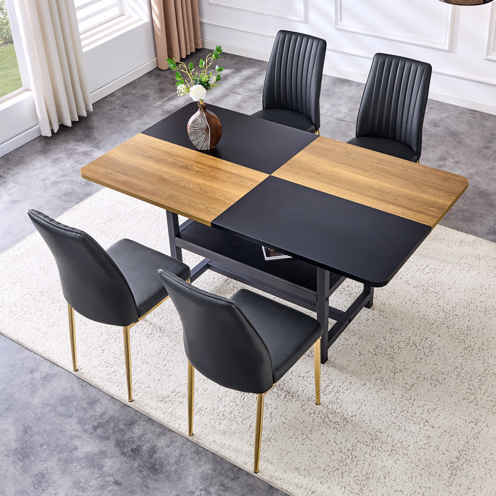 Conjunto de mesa de jantar retangular com 4 cadeiras preto e dourado 160 cm