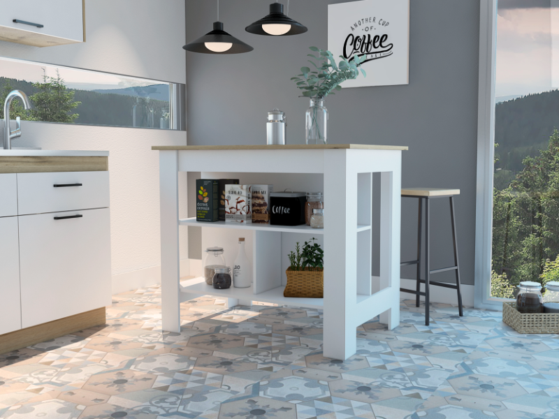 Ilha de cozinha antibacteriana cala, três prateleiras branco / duna