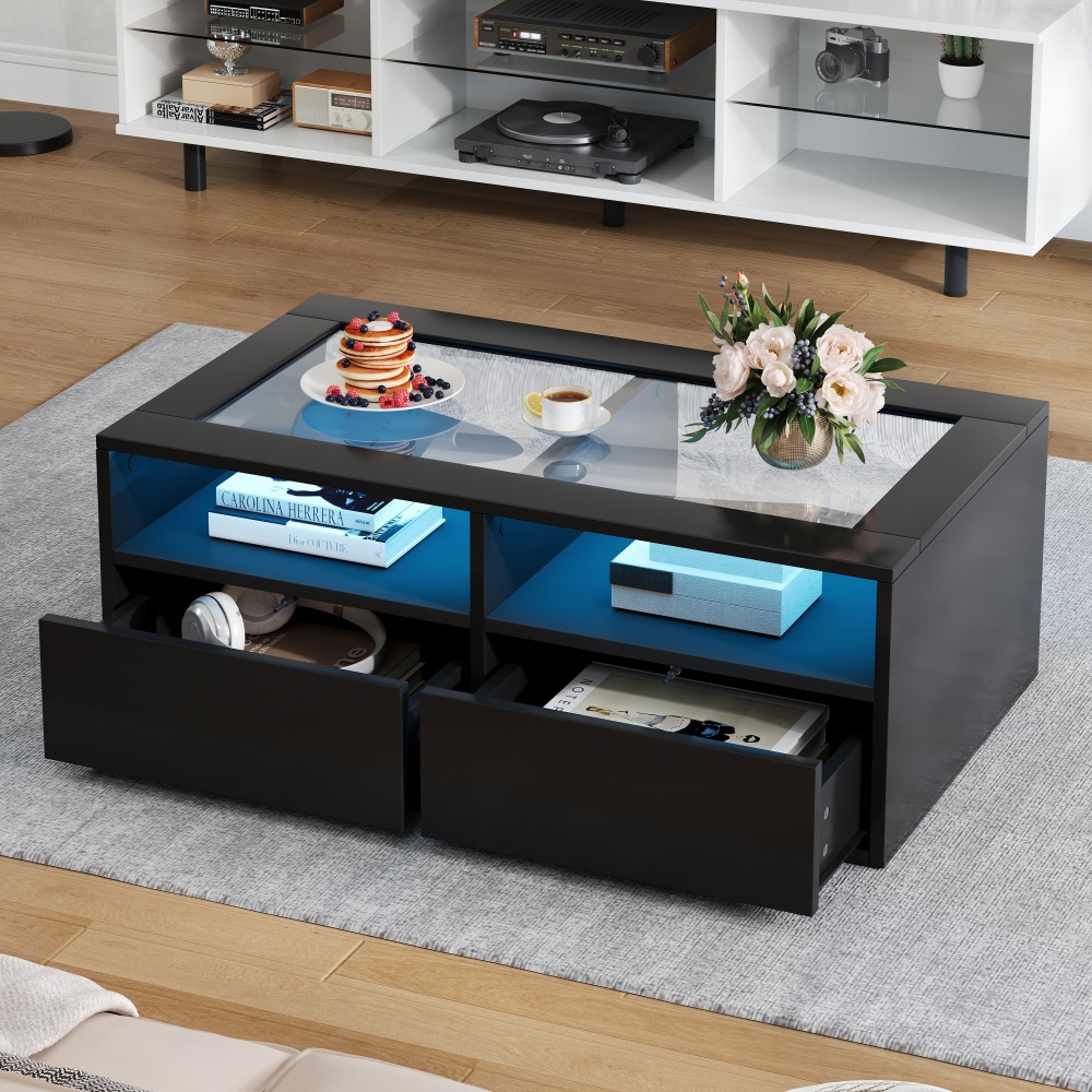 Mesa de centro preta com iluminação LED 2 gavetas 35x100x50cm