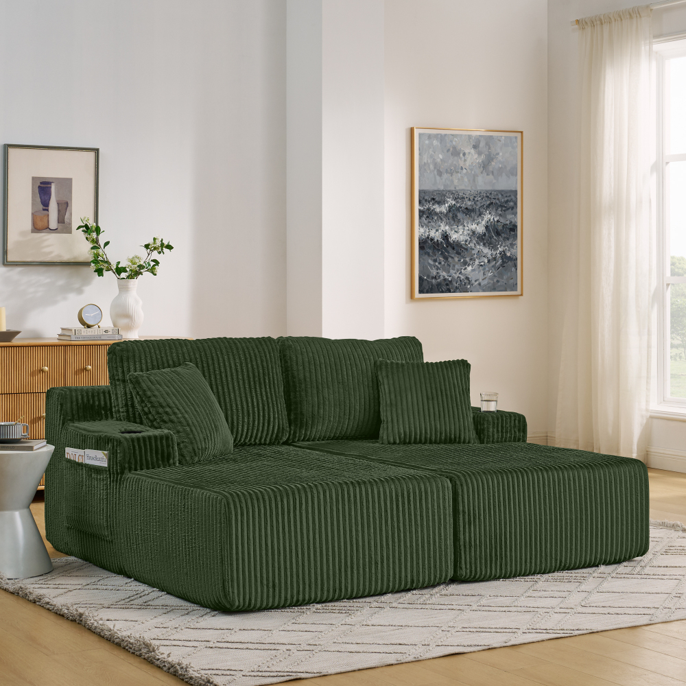 Sofá cama relax 2 lugares em bombazina verde com bolsos e porta copos