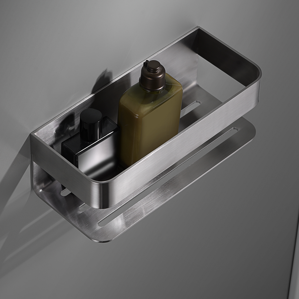 Portasapone frontal em aço inox e latão cor níquel escovado