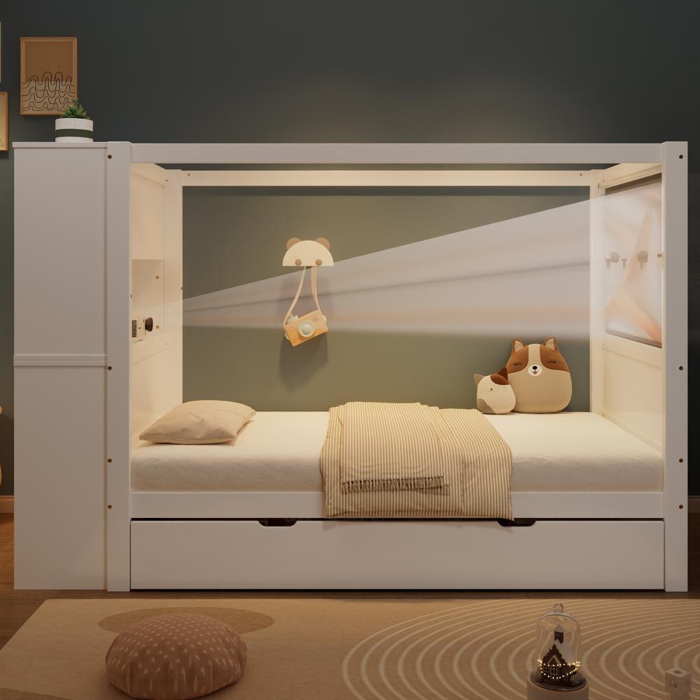 Cama criança 90x200cm, 5 gavetas, barra de mosquiteiro, branca natural