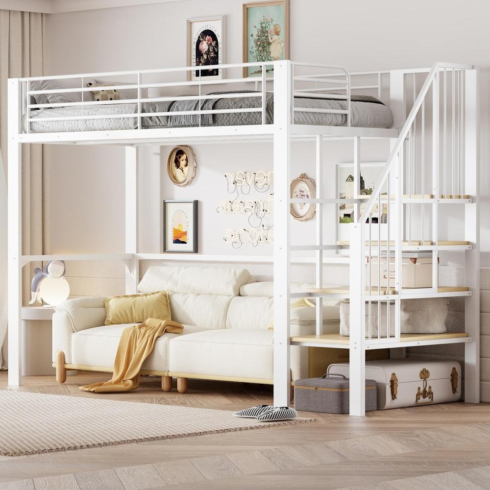 Cama alta 90x200cm em metal com arrumação e escada integrada branca