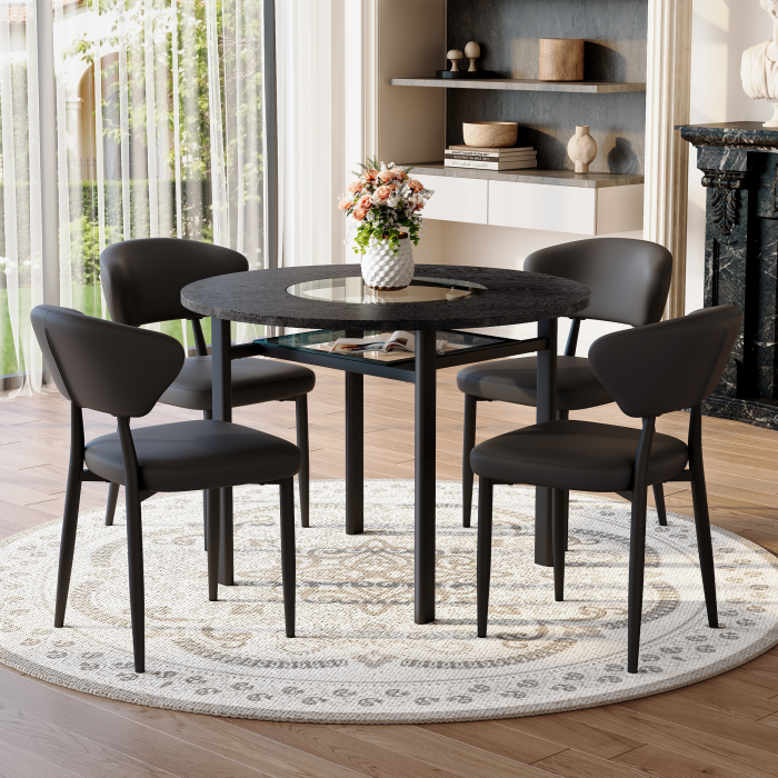 Conjunto mesa redonda com 4 cadeiras em pu preto e vidro 100 cm
