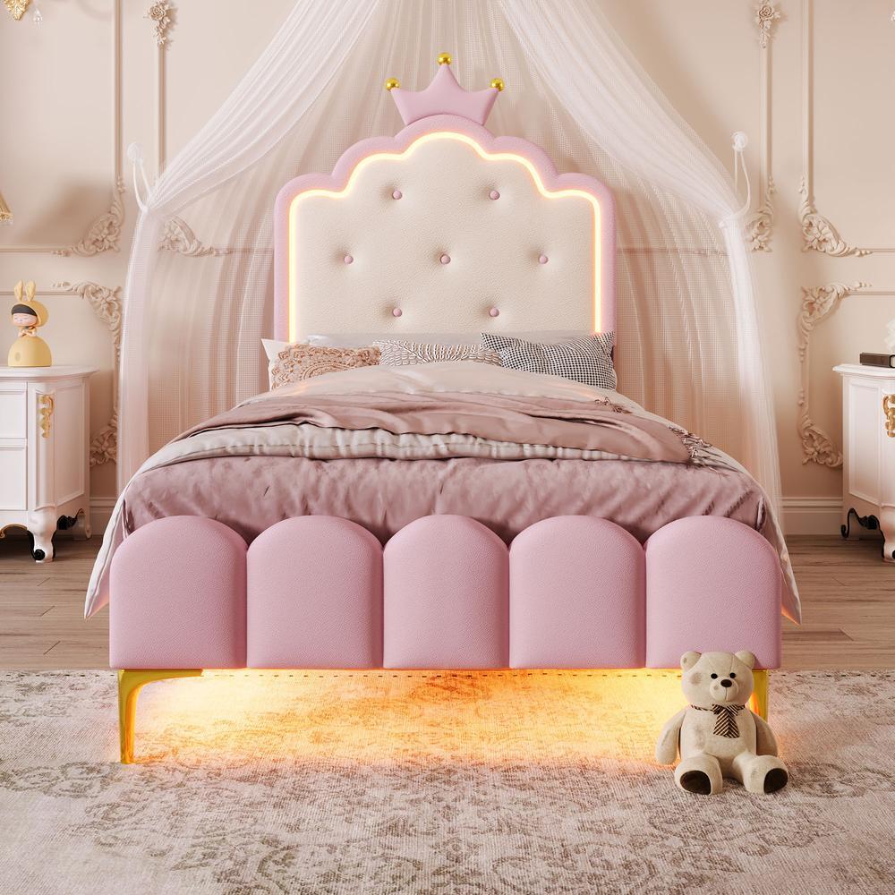 Cama infantil 90x200 cm rosa com coroa, LED, comando e estrado ripas
