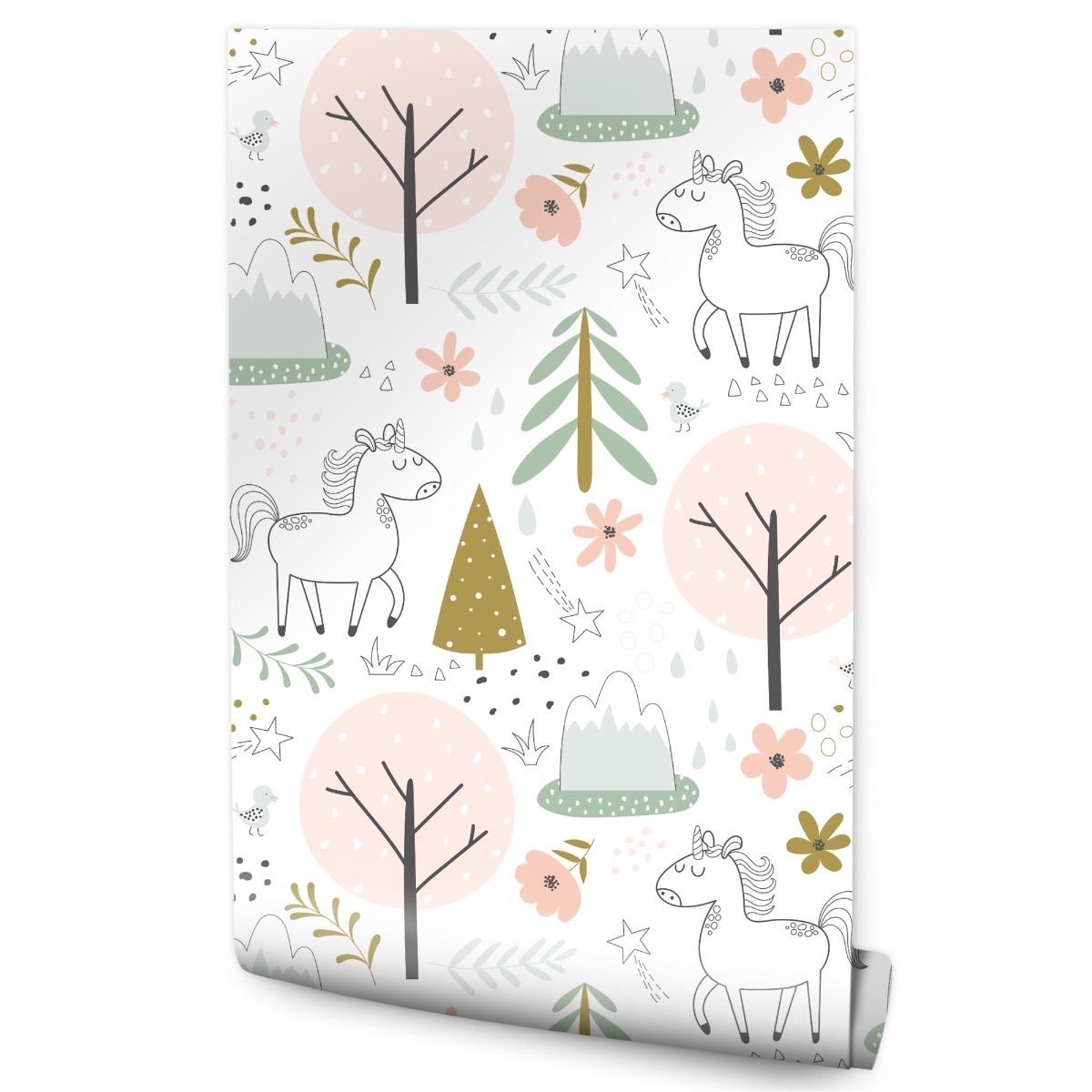 Papel de parede girls licorns árvores estrelas decoração moderna