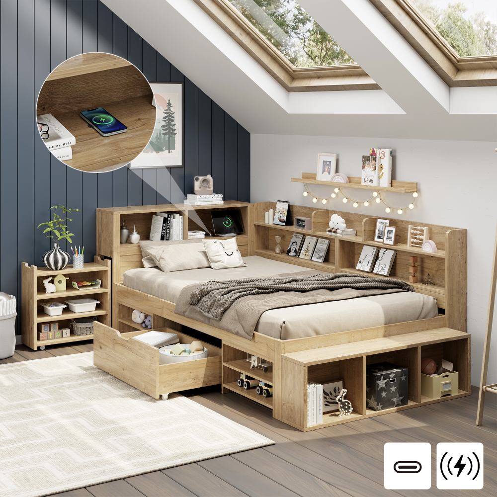 Cama infantil 90x200cm com arrumação madeira natural
