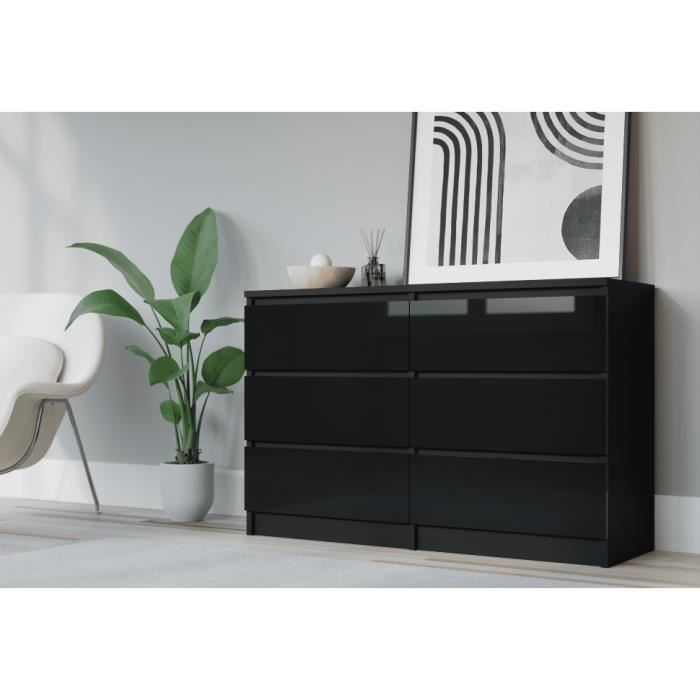 Cómoda 6 gavetas preto mate/brilhante 1386 x 390 x 875 mm