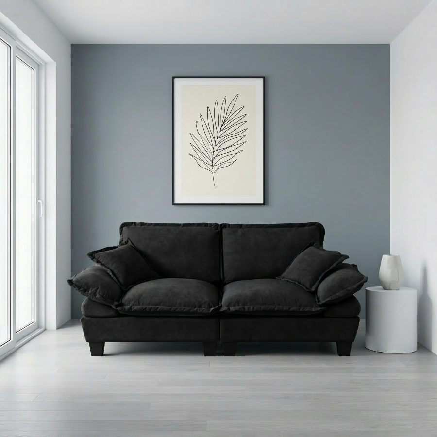 Sofá modular 2 lugares em chenille preto com braços curvos