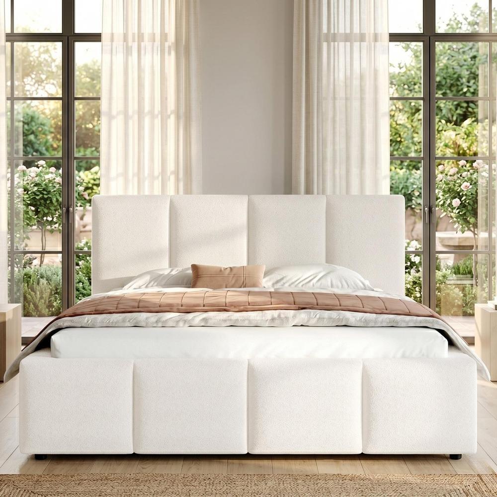 Cama estofada casal 180x200cm com sommier e cabeceira acolchoada bege