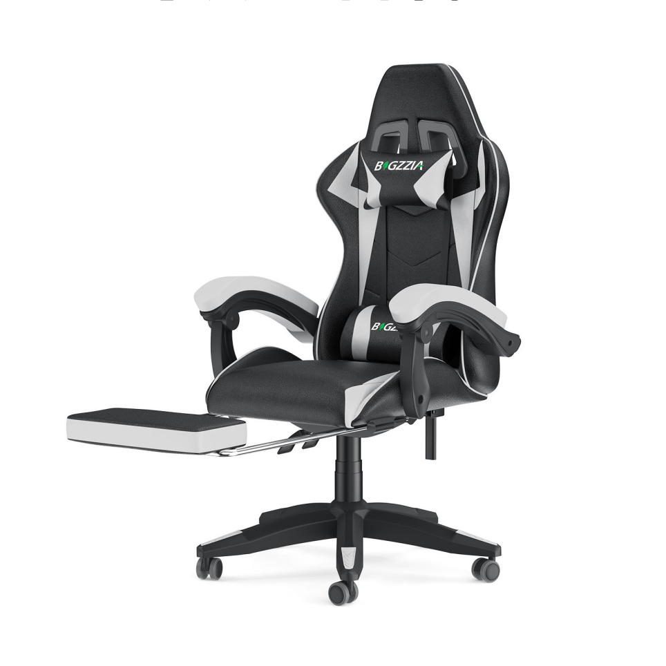 Cadeira de jogos a com apoio para os pés, cadeira ergonómica - preto/branco