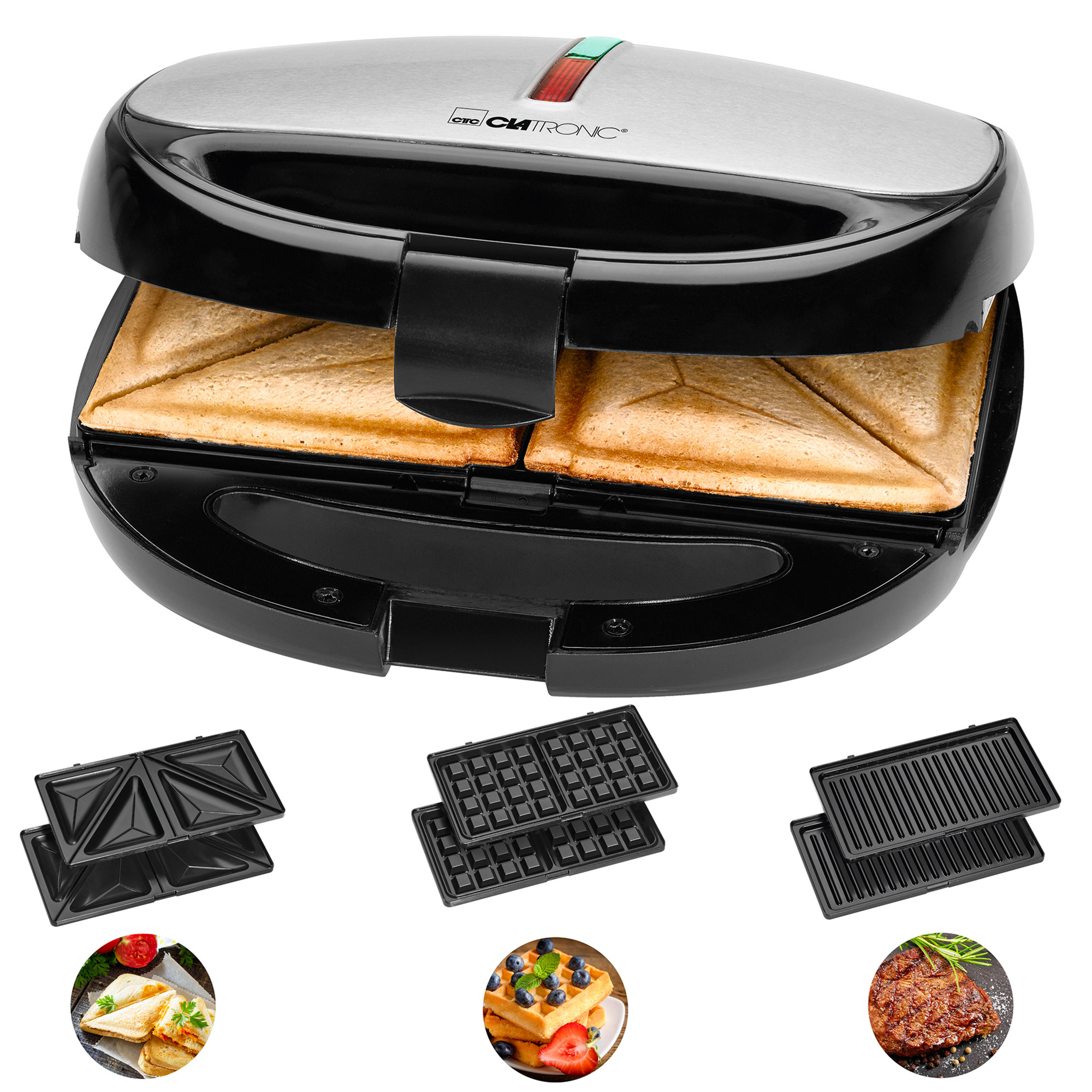 Máquina de fazer sanduíches, waffles e grelha clatronic st 3670 prata negra