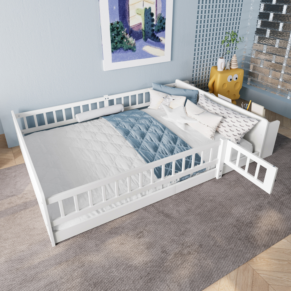 Cama infantil 140x200cm com arrumação em pinheiro branco